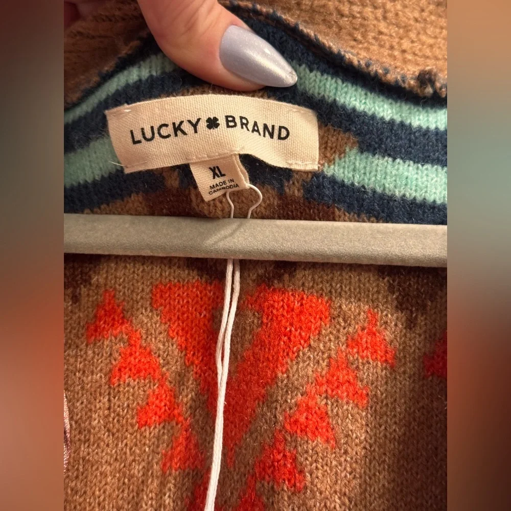NWT Lucky Brand Brown / Multi Color Aztec Cardigan Sweater - Picture 6 of 7